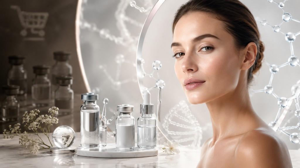 GHK-Cu peptide vials with a woman showing clear, glowing skin — clinical anti-aging and skin longevity at Drip Lounge